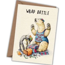Wenskaart ijsbeer & pinguïn "Wrap battle"